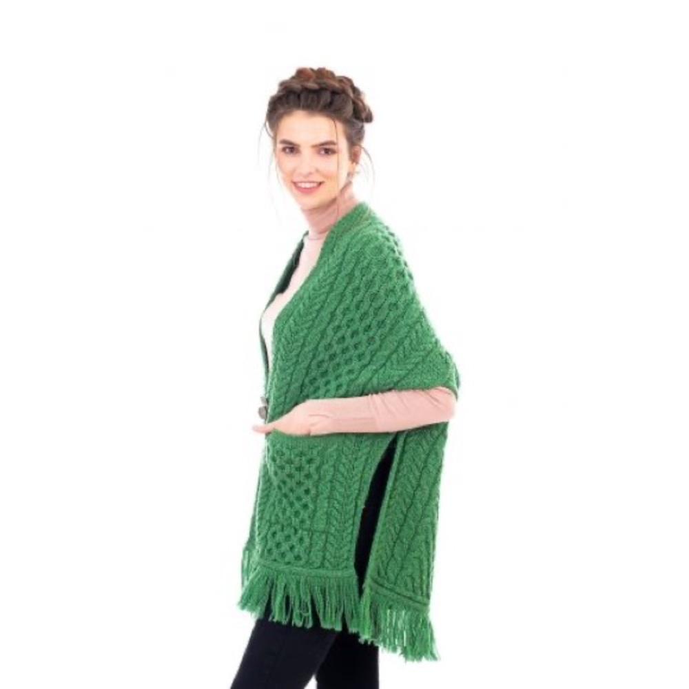 Cozy Elegance: Aran Crafts Irish Cable Pocket Shawl in Green Merino Wool